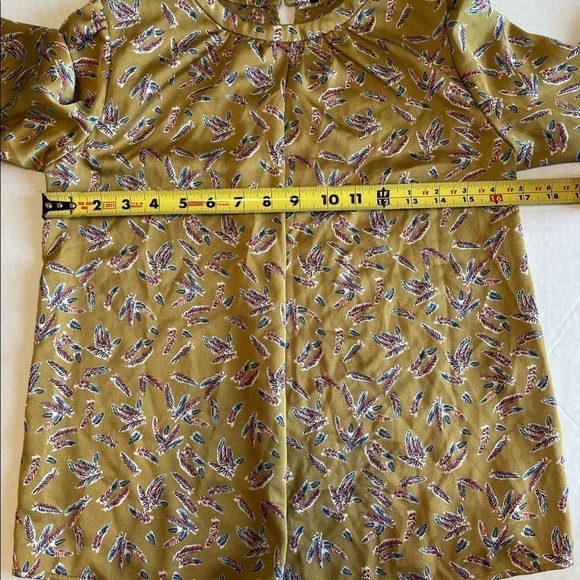 Mustard Yellow Feather Pattern Mock Ditsy Floral Neck Tie Sleeve Blouse Shirt - Picture 6 of 8